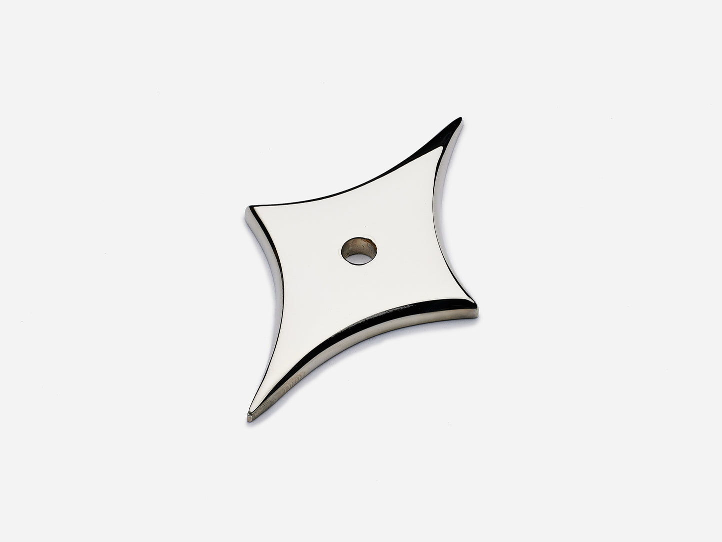 Solid brass 4-Point Tall Star backplate, in a polished nickel finish for knobs on cabinets.