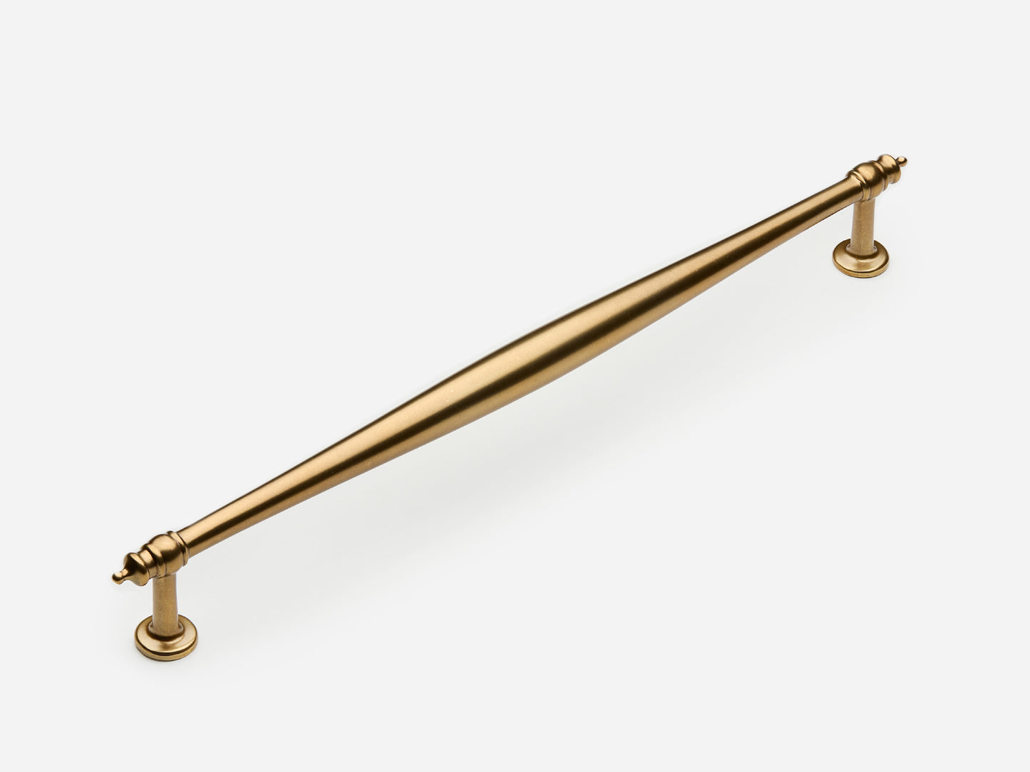 Solid brass Bougie appliance pull, 12 inches, in an aged brass finish for cabinets.