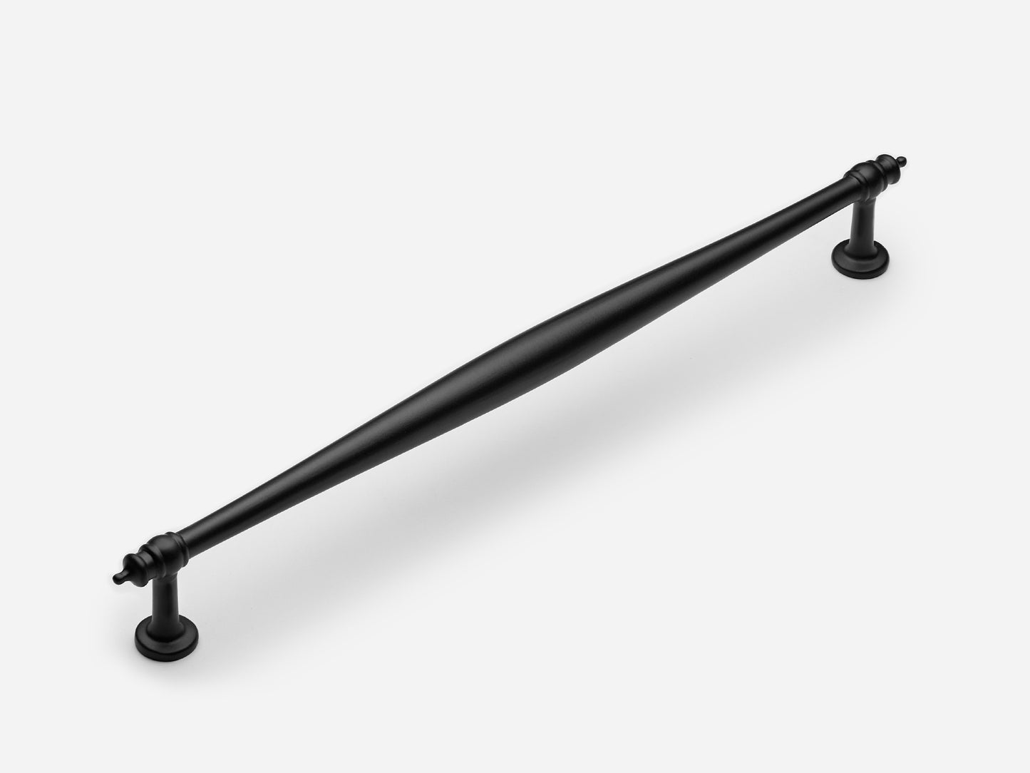 Solid brass Bougie appliance pull, 12 inches, in a matte black finish for cabinets.