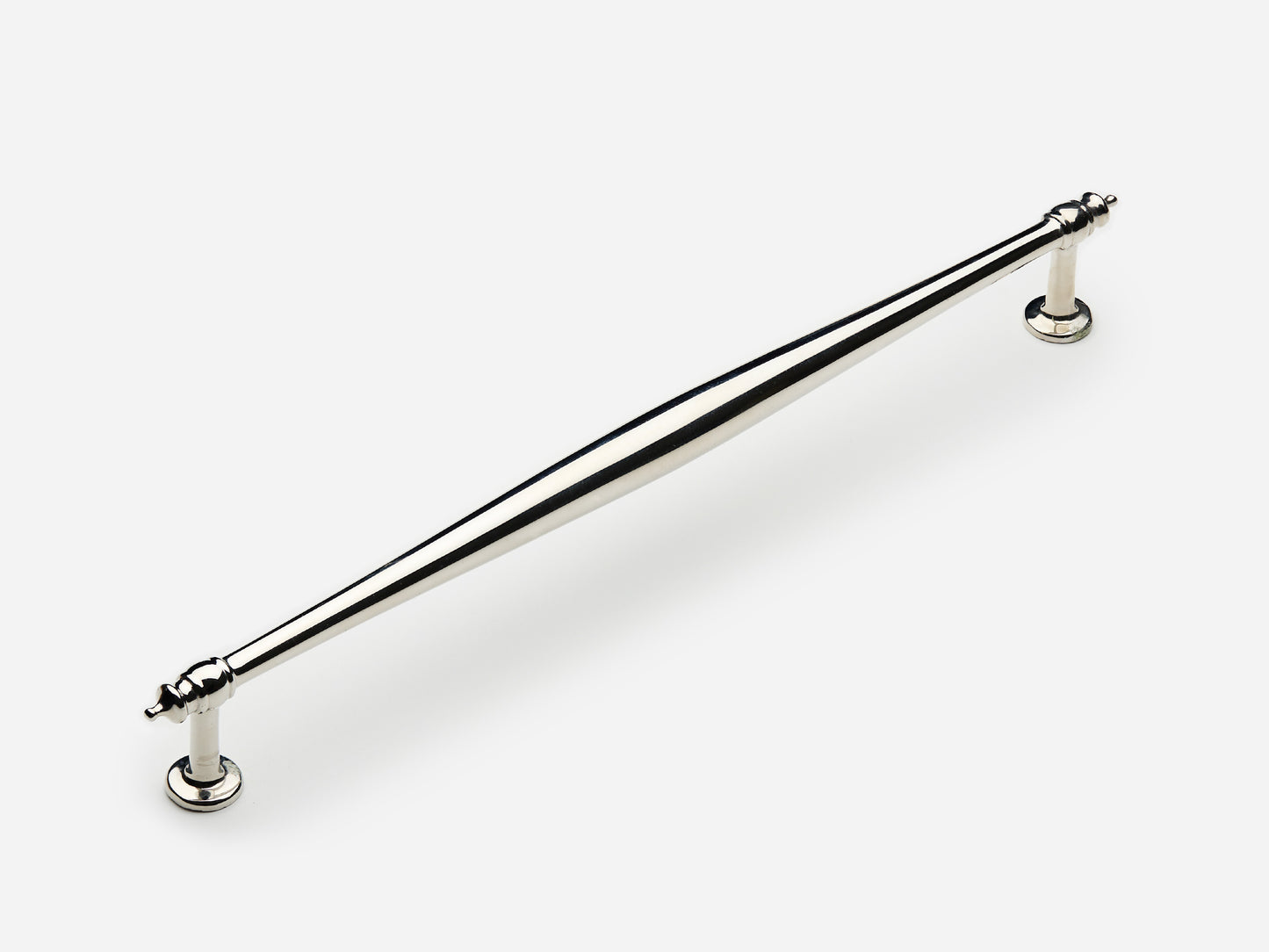 Solid brass Bougie appliance pull, 12 inches, in a polished nickel finish for cabinets.