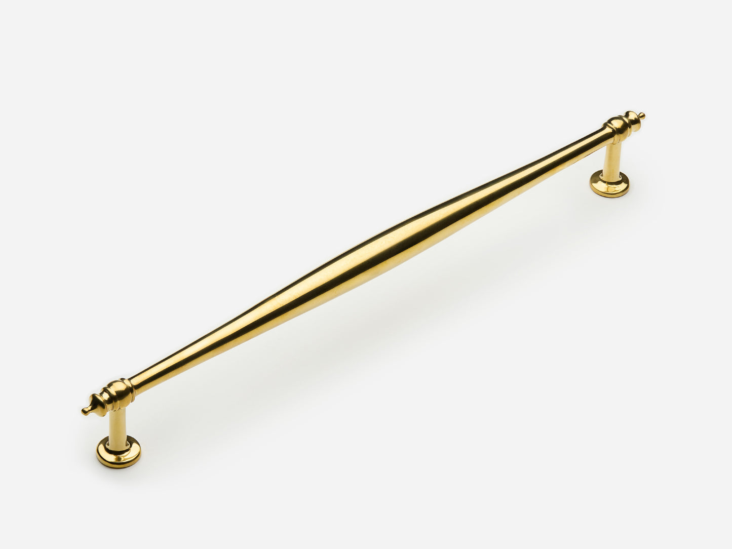 Solid brass Bougie appliance pull, 12 inches, in an unlacquered polished brass finish for cabinets.