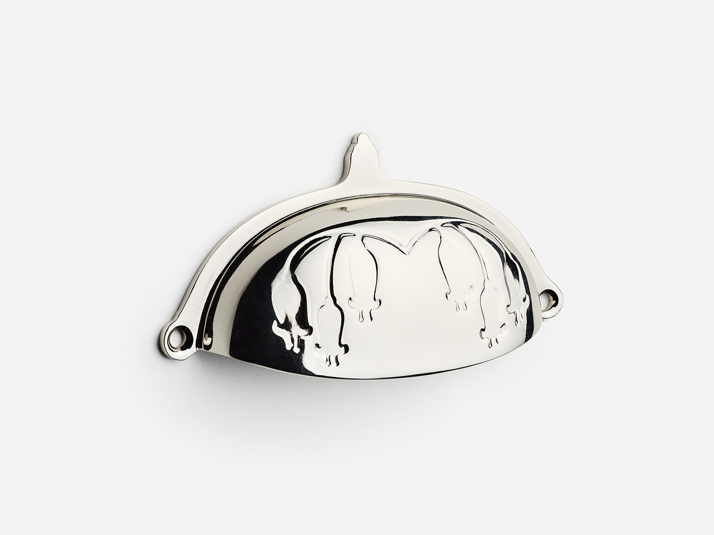 Solid brass Bluebell bin pull, 4 inches, in a polished nickel finish for cabinets.