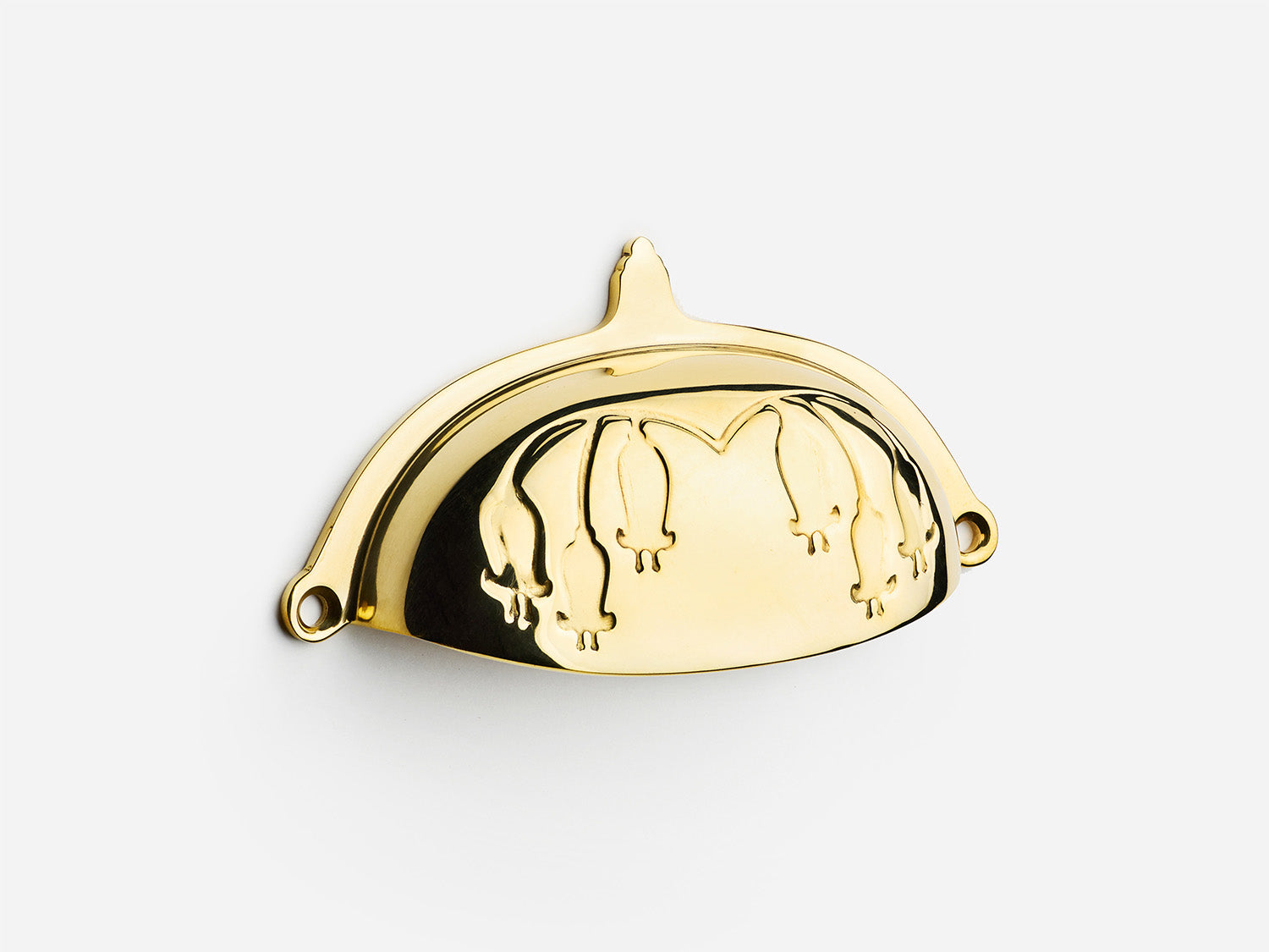 Solid brass Bluebell bin pull, 4 inches, in an unlacquered polished brass finish for cabinets.