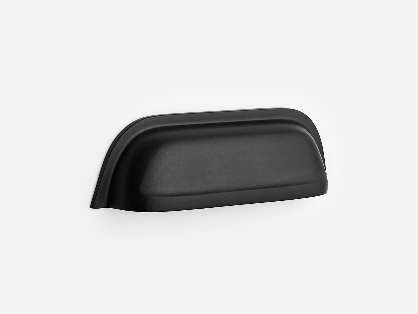 Solid brass Cygnet bin pull, 4 inches, in a matte black finish for cabinets.