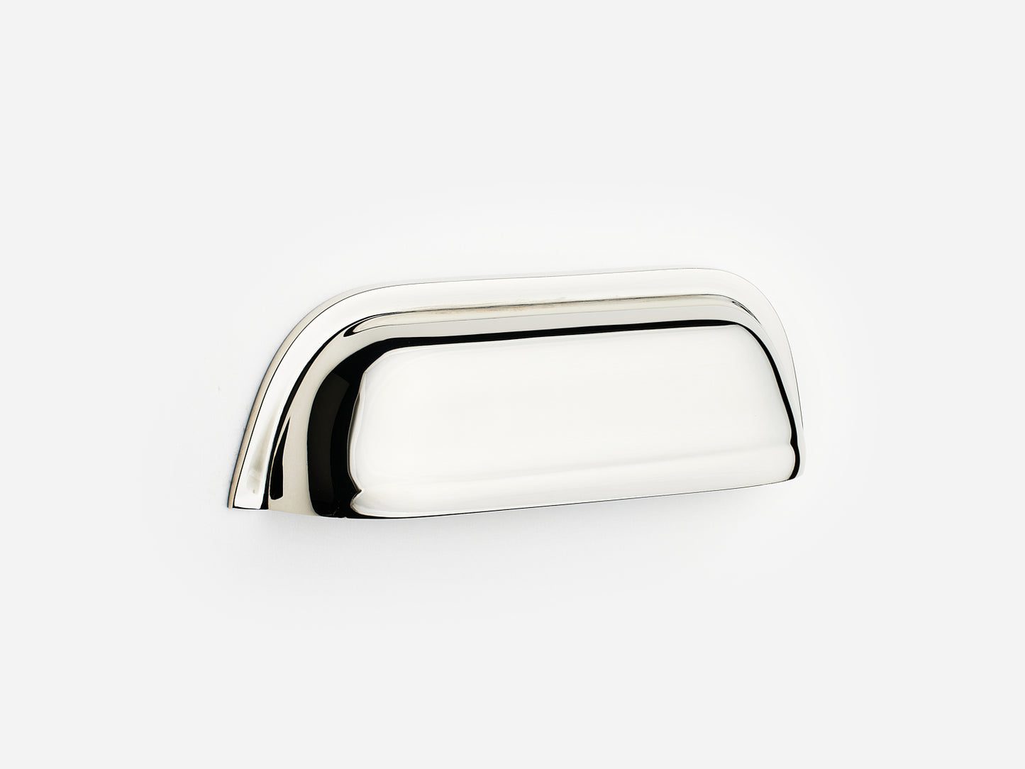 Solid brass Cygnet bin pull, 4 inches, in a polished nickel finish for cabinets.