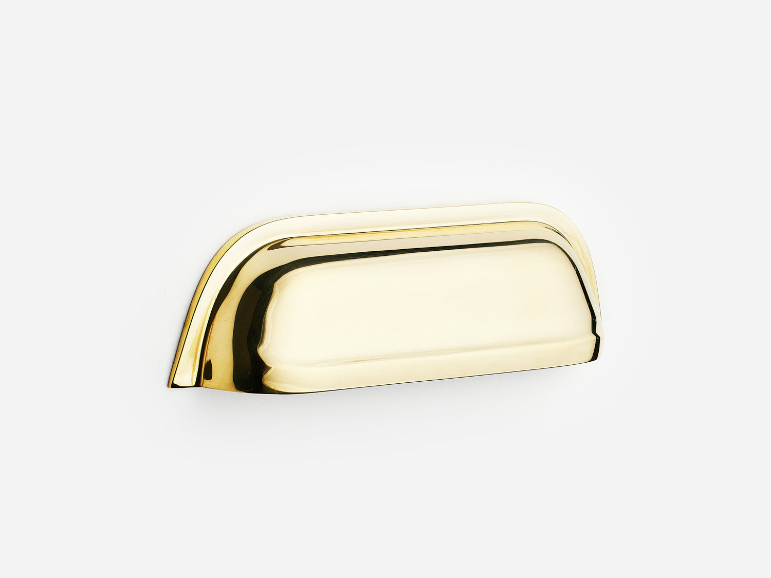 Solid brass Cygnet bin pull, 4 inches, in an unlacquered polished brass finish for cabinets.
