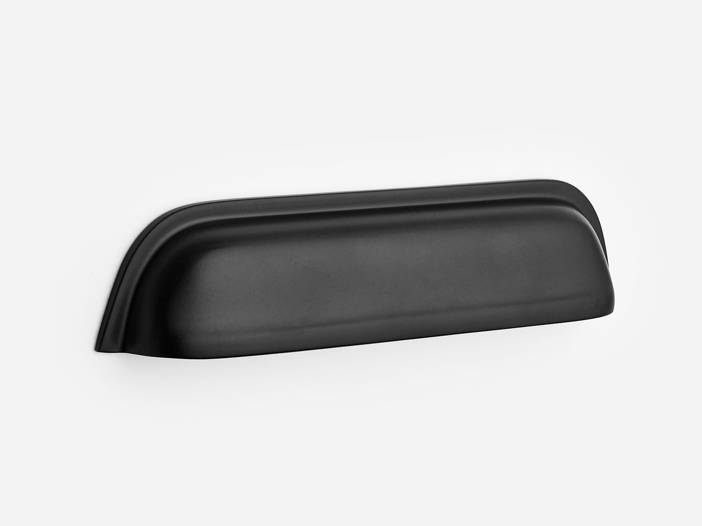 Solid brass Cygnet bin pull, 6 inches, in a matte black finish for cabinets.