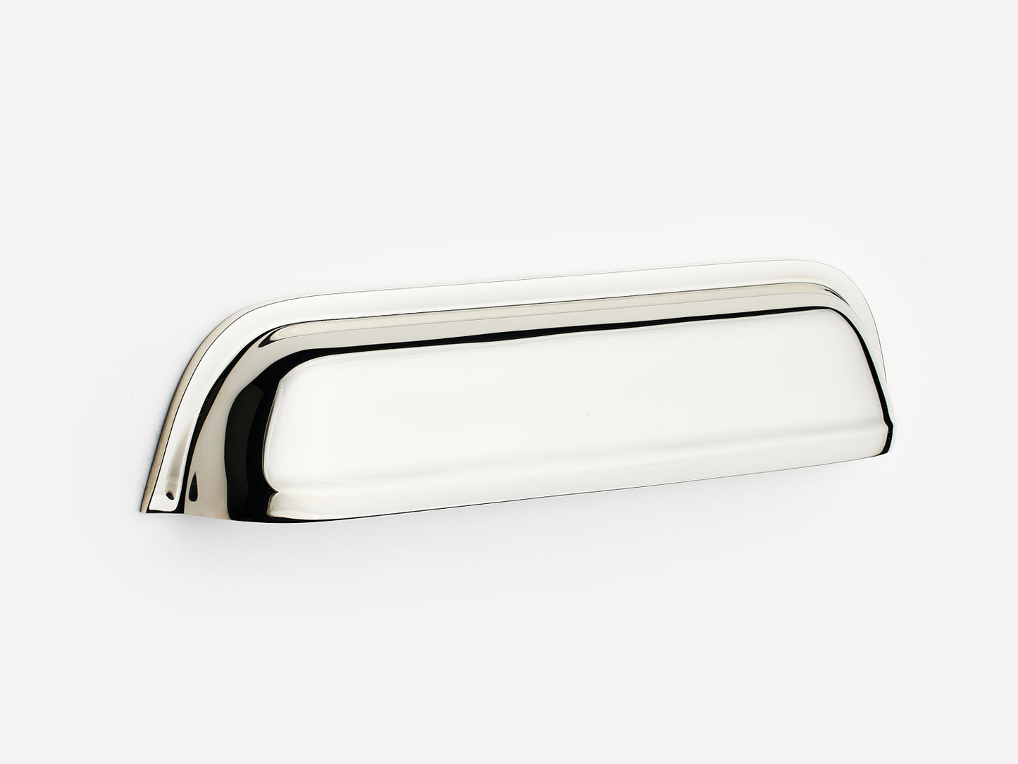 Solid brass Cygnet bin pull, 6 inches, in a polished nickel finish for cabinets.