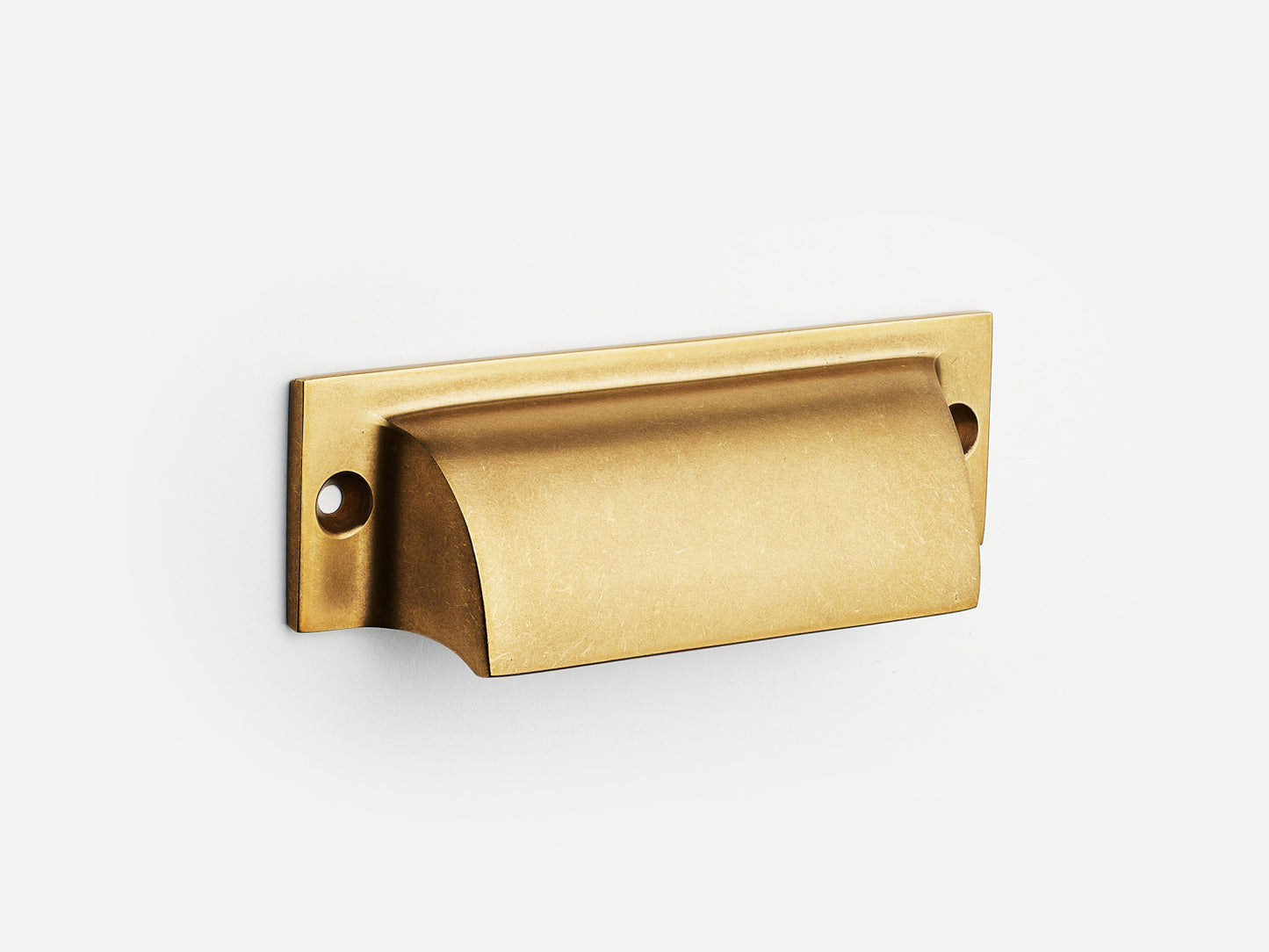 Solid brass Federal bin pull, 4 inches, in an aged brass finish for cabinets.