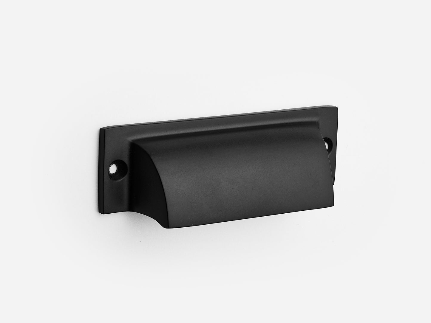 Solid brass Federal bin pull, 4 inches, in a matte black finish for cabinets.