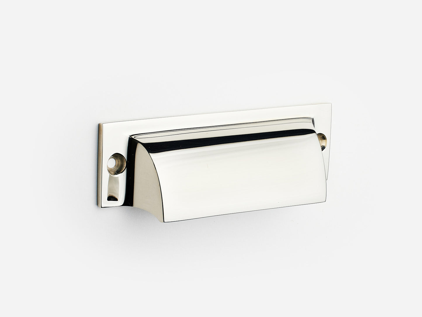 Solid brass Federal bin pull, 4 inches, in a polished nickel finish for cabinets.