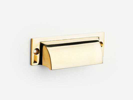 Solid brass Federal bin pull, 4 inches, in an unlacquered polished brass finish for cabinets.