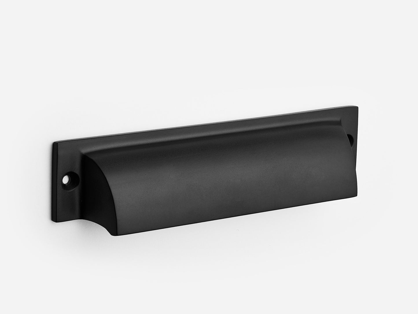 Solid brass Federal bin pull, 6 inches, in a matte black finish for cabinets.