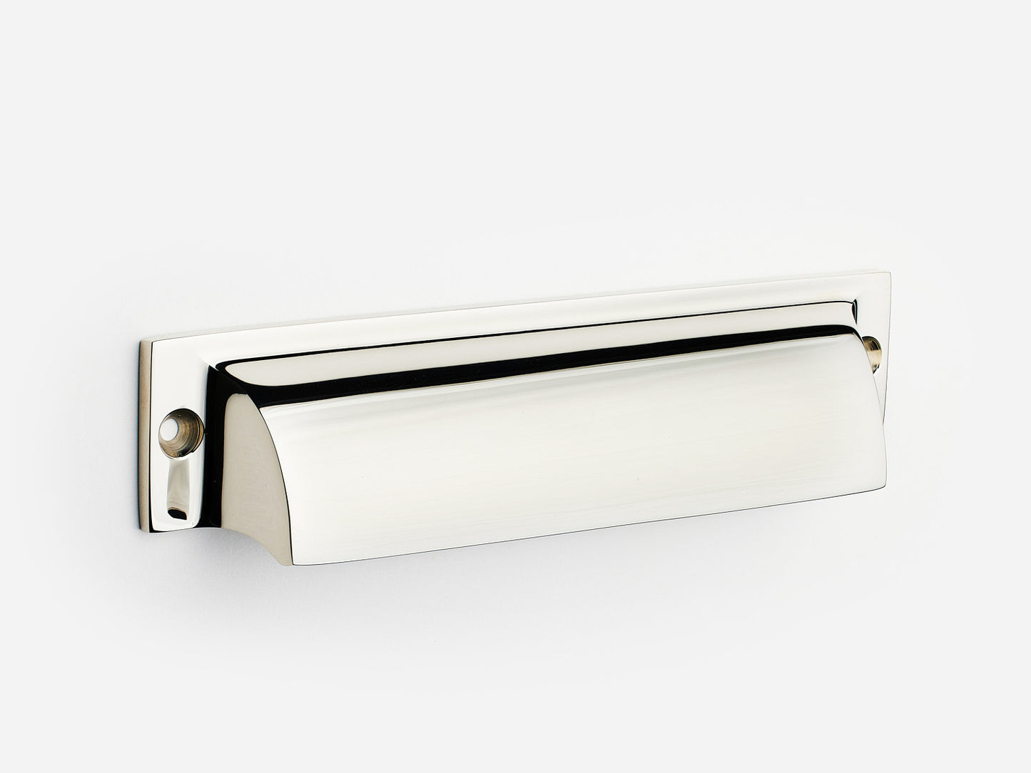 Solid brass Federal bin pull, 6 inches, in a polished nickel finish for cabinets.