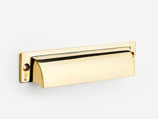 Solid brass Federal bin pull, 6 inches, in an unlacquered polished brass finish for cabinets.