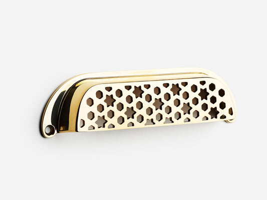 Solid brass France bin pull, 6 inches, in an unlacquered polished brass finish for cabinets.
