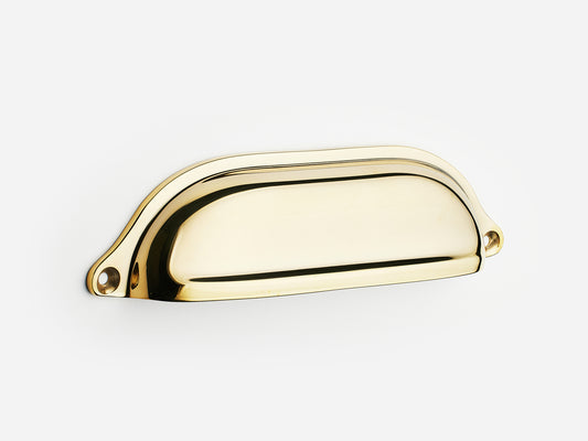Solid brass Liberty bin pull, 6 inches, in an unlacquered polished brass finish for cabinets.