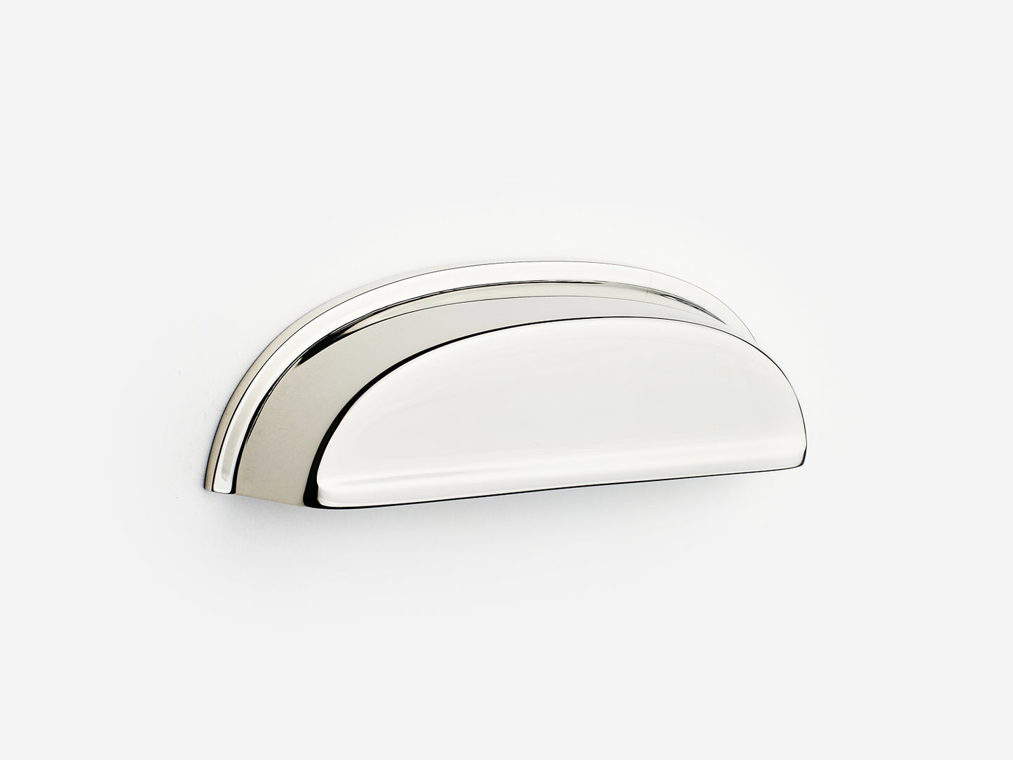Solid brass Royce bin pull, 4 inches, in a polished nickel finish for cabinets.