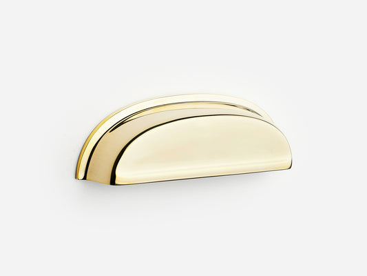 Solid brass Royce bin pull, 4 inches, in an unlacquered polished brass finish for cabinets.