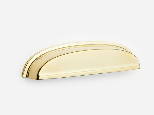 Solid brass Royce bin pull, 6 inches, in an unlacquered polished brass finish for cabinets.