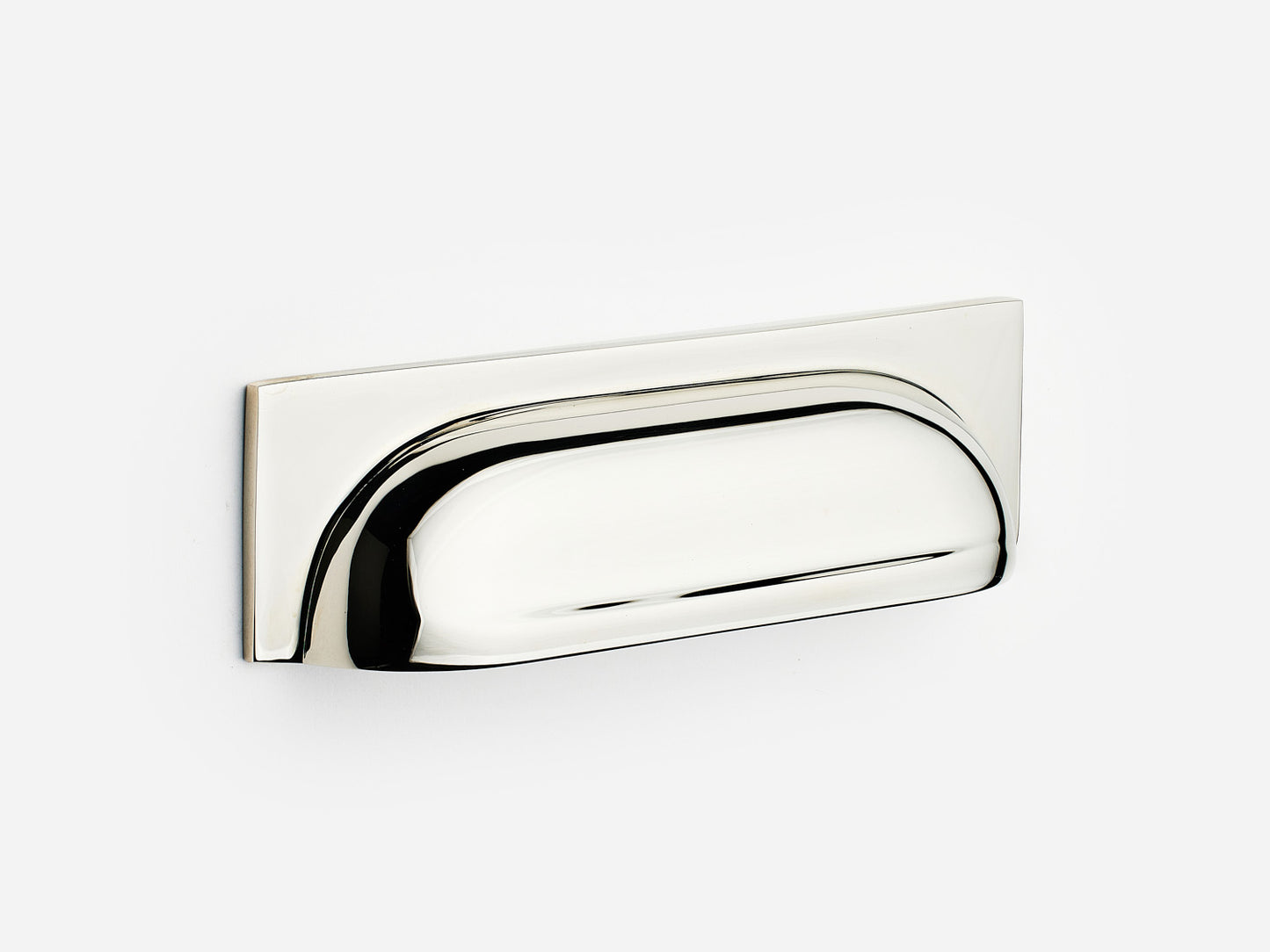 Solid brass Suffolk bin pull, 4 inches, in a polished nickel finish for cabinets.