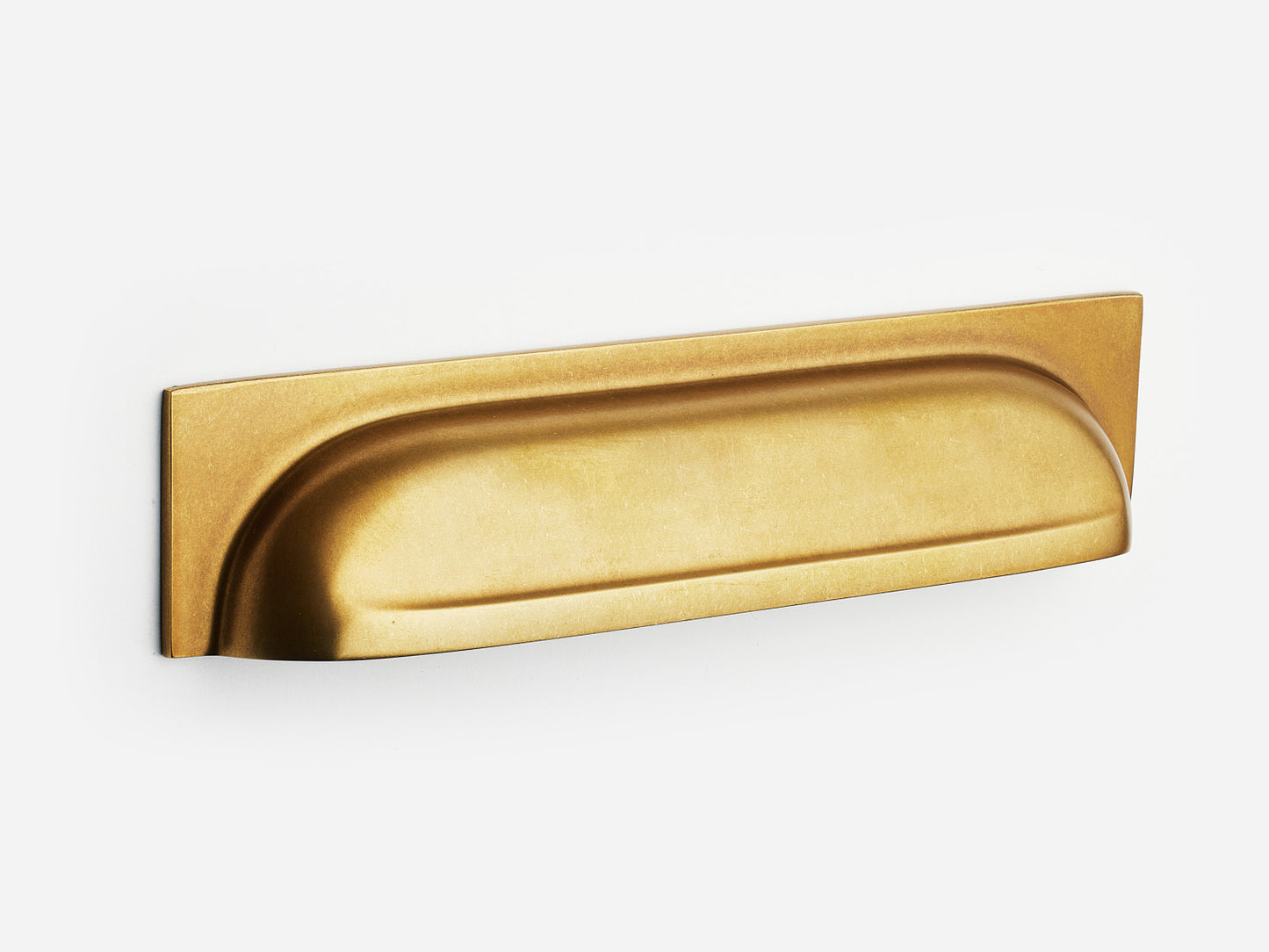 Solid brass Suffolk bin pull, 6 inches, in an aged brass finish for cabinets.