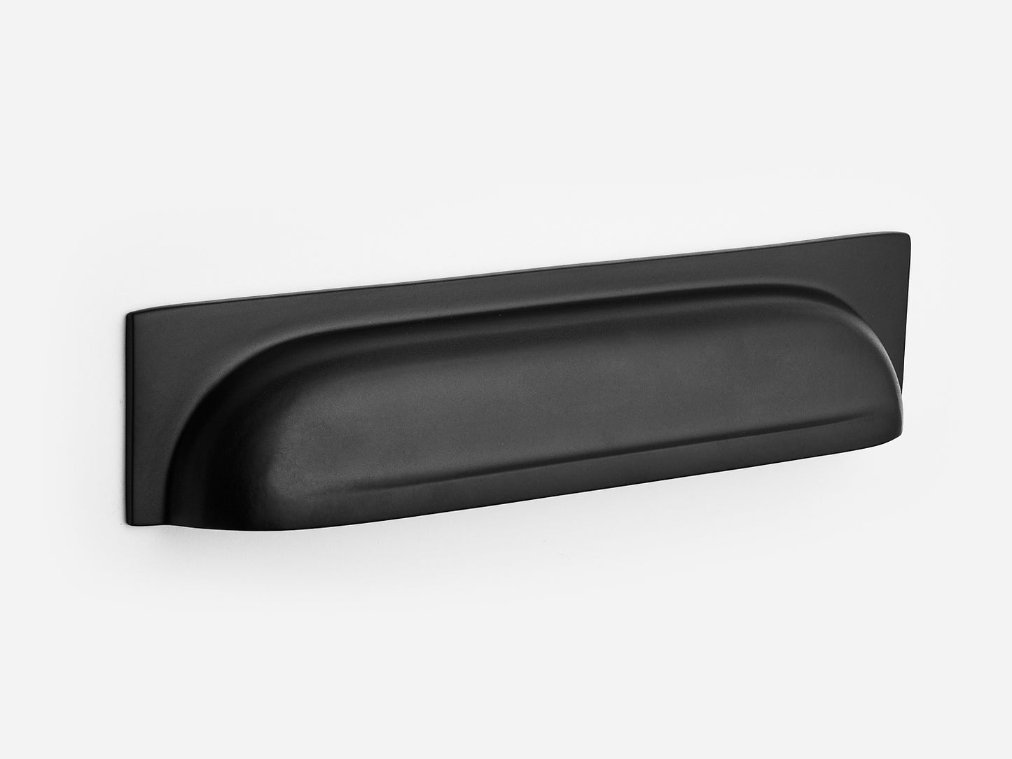 Solid brass Suffolk bin pull, 6 inches, in a matte black finish for cabinets.