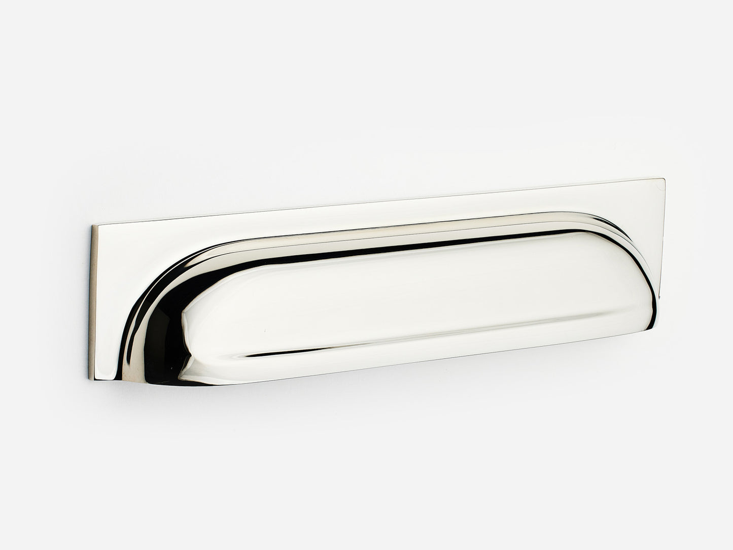 Solid brass Suffolk bin pull, 6 inches, in a polished nickel finish for cabinets.