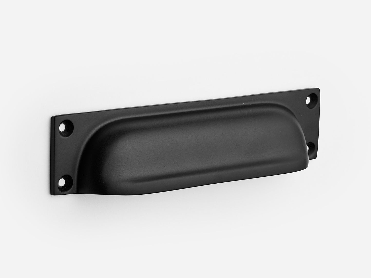 Solid brass Yorkshire bin pull, 6 inches, in a matte black finish for cabinets.