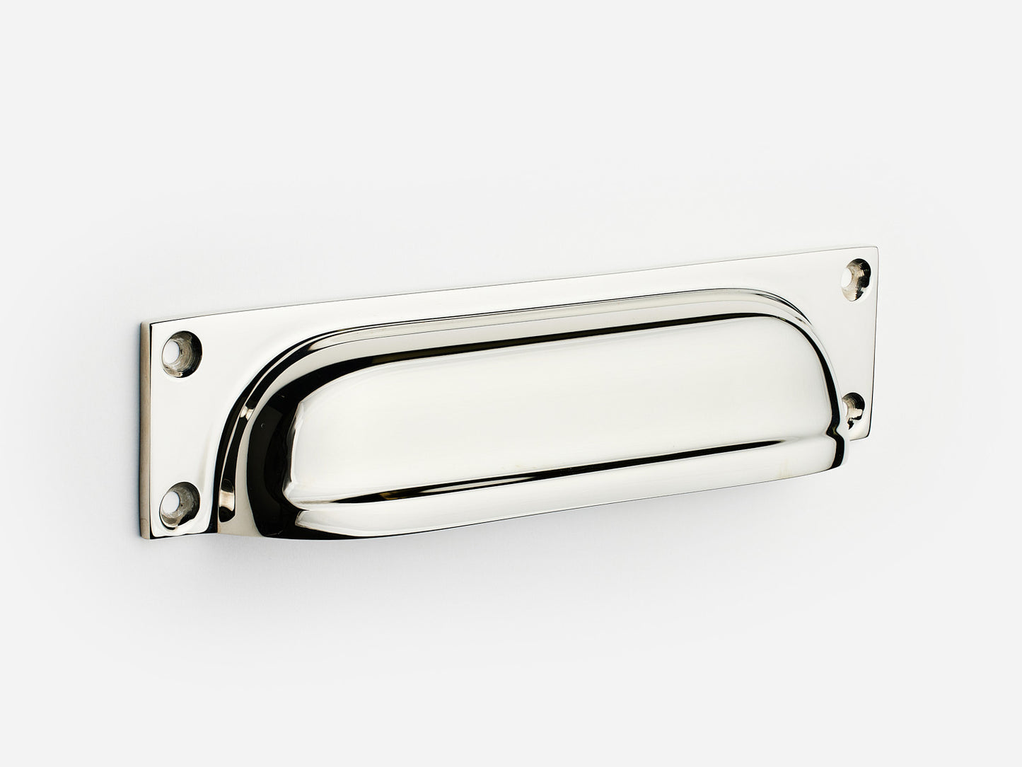Solid brass Yorkshire bin pull, 6 inches, in a polished nickel finish for cabinets.