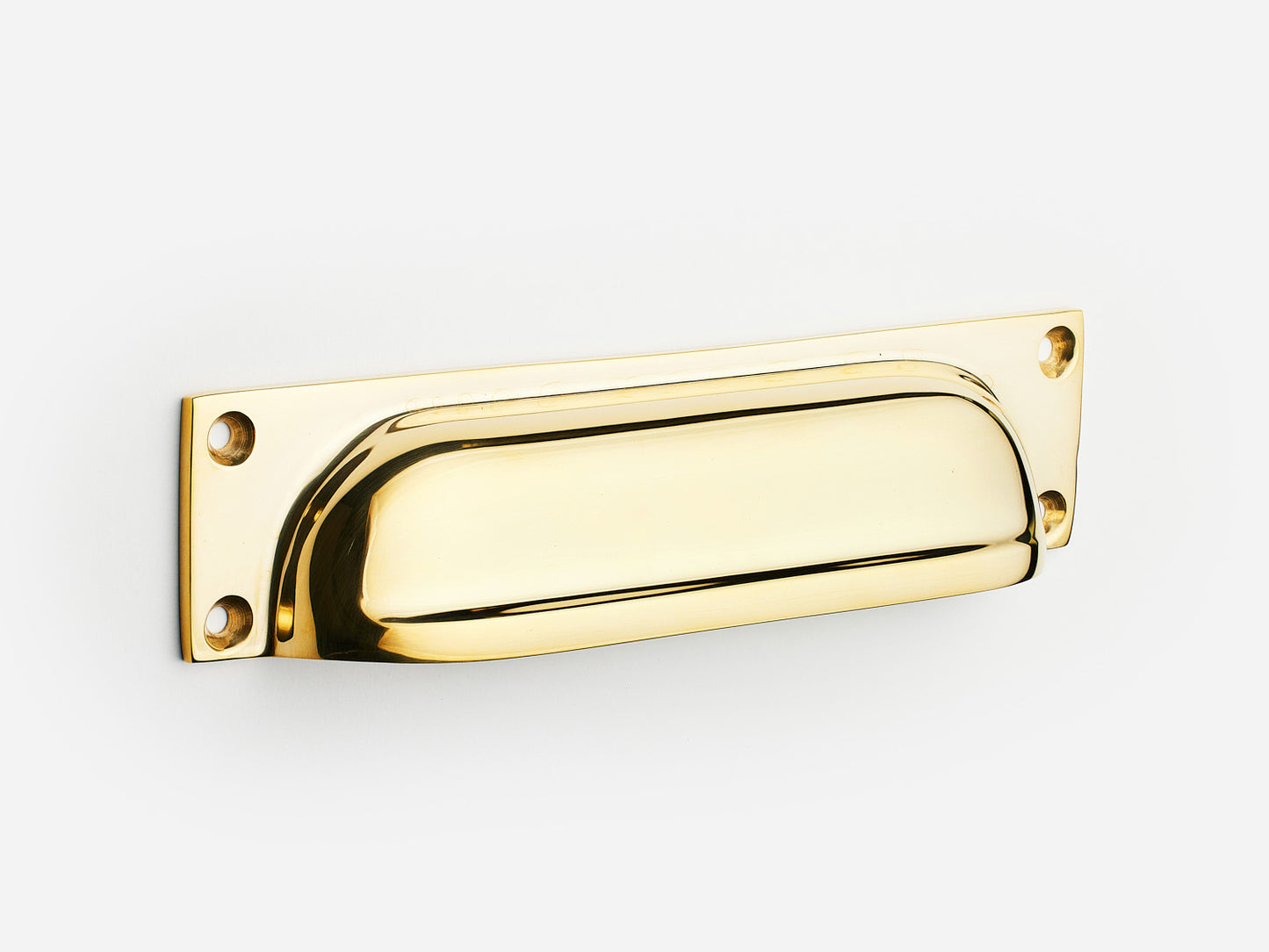 Solid brass Yorkshire bin pull, 6 inches, in an unlacquered polished brass finish for cabinets.
