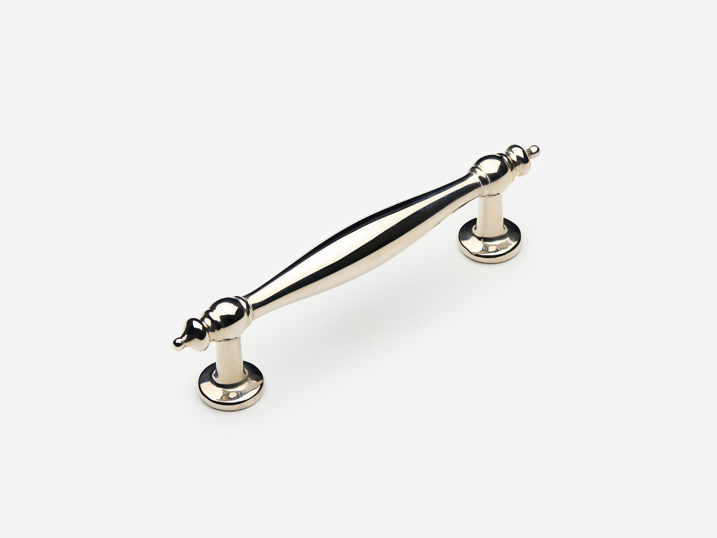 Solid brass Bougie drawer pull, 4 inches, in a polished nickel finish for cabinets.