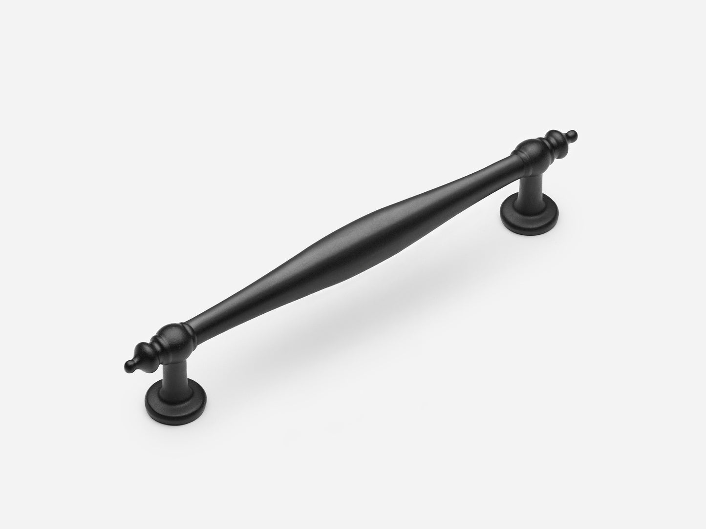Solid brass Bougie drawer pull, 6 inches, in a matte black finish for cabinets.