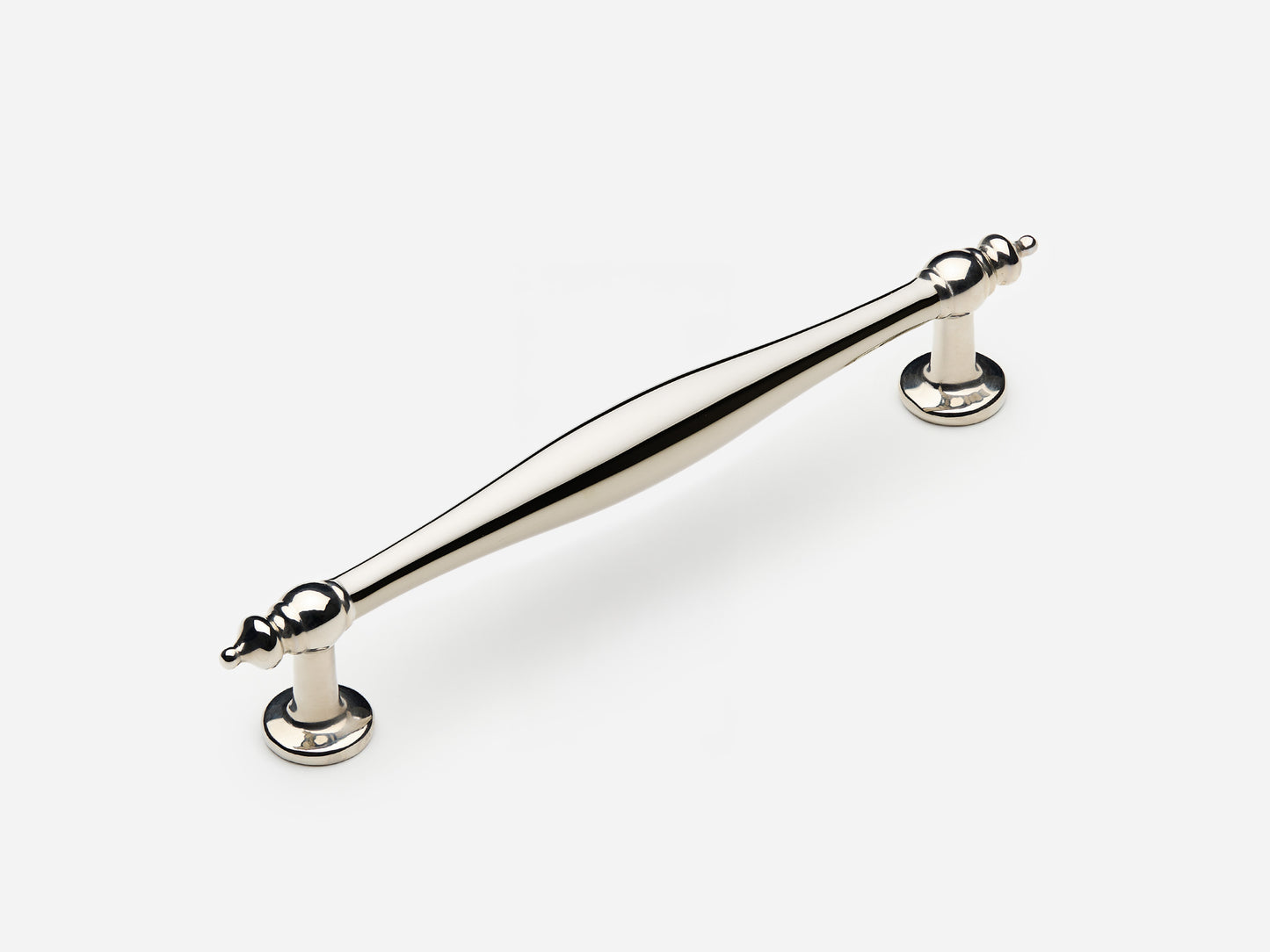 Solid brass Bougie drawer pull, 6 inches, in a polished nickel finish for cabinets.