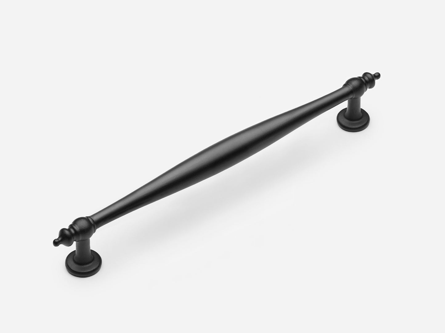 Solid brass Bougie drawer pull, 8 inches, in a matte black finish for cabinets.