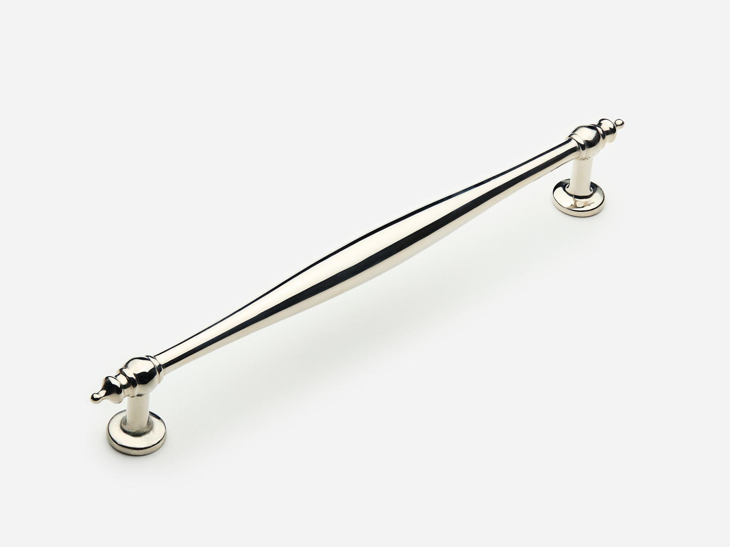 Solid brass Bougie drawer pull, 8 inches, in a polished nickel finish for cabinets.