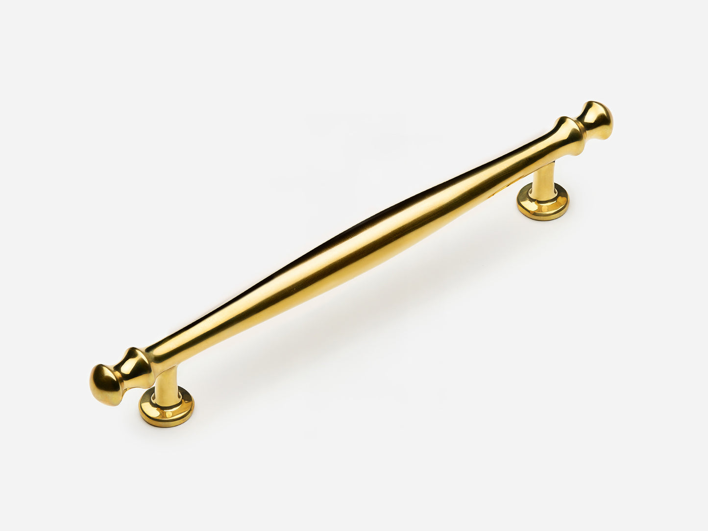 Solid brass Helena drawer pull, 8 inches, in an unlacquered polished brass finish for cabinets.