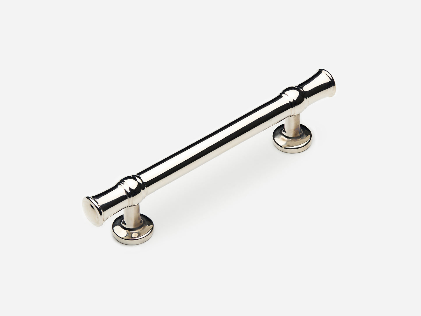 Solid brass Heritage drawer pull, 4 inches, in a polished nickel finish for cabinets.
