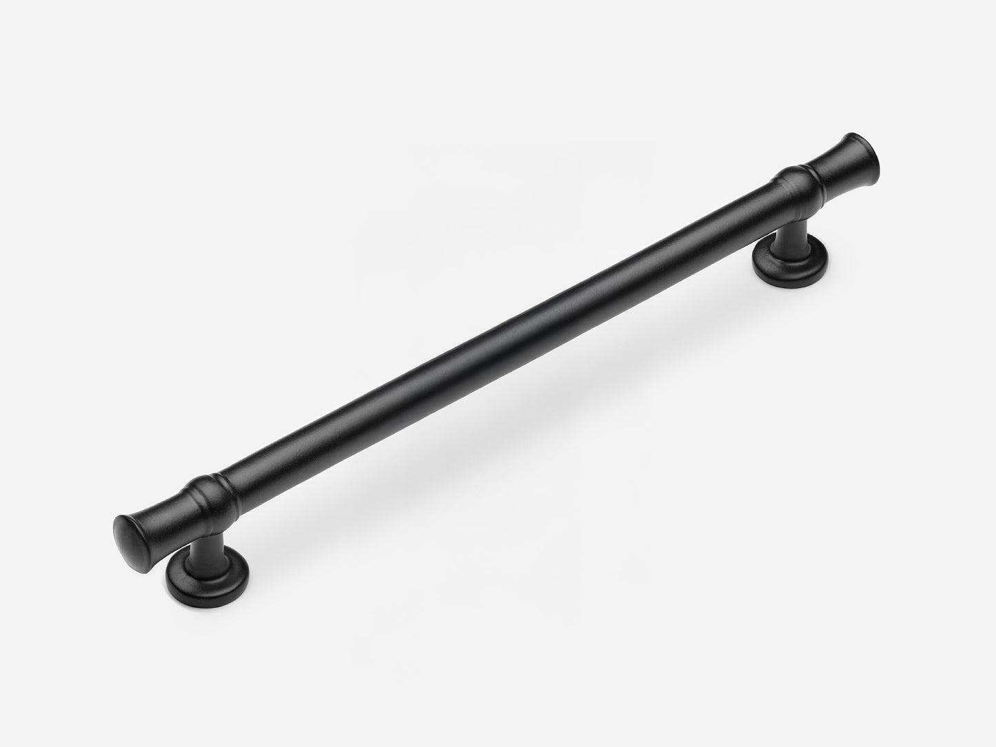 Solid brass Heritage drawer pull, 8 inches, in a matte black finish for cabinets.