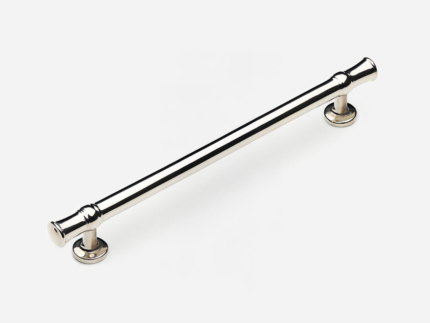 Solid brass Heritage drawer pull, 8 inches, in a polished nickel finish for cabinets.