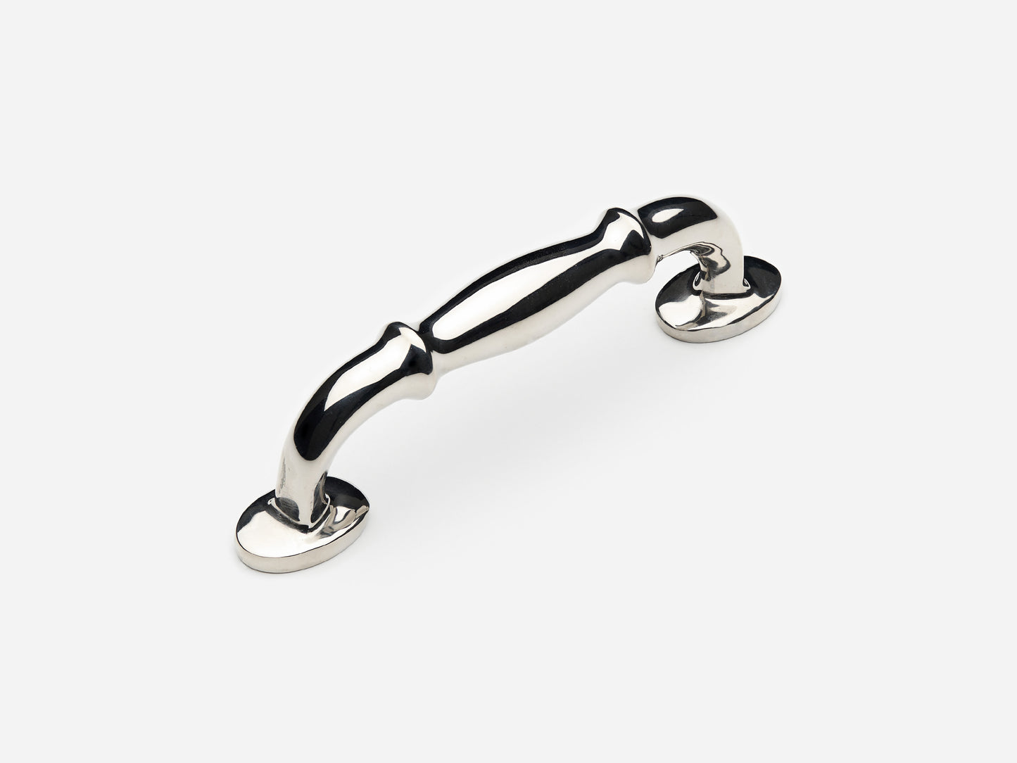 Solid brass Lilian drawer pull, 4 inches, in a polished nickel finish for cabinets.