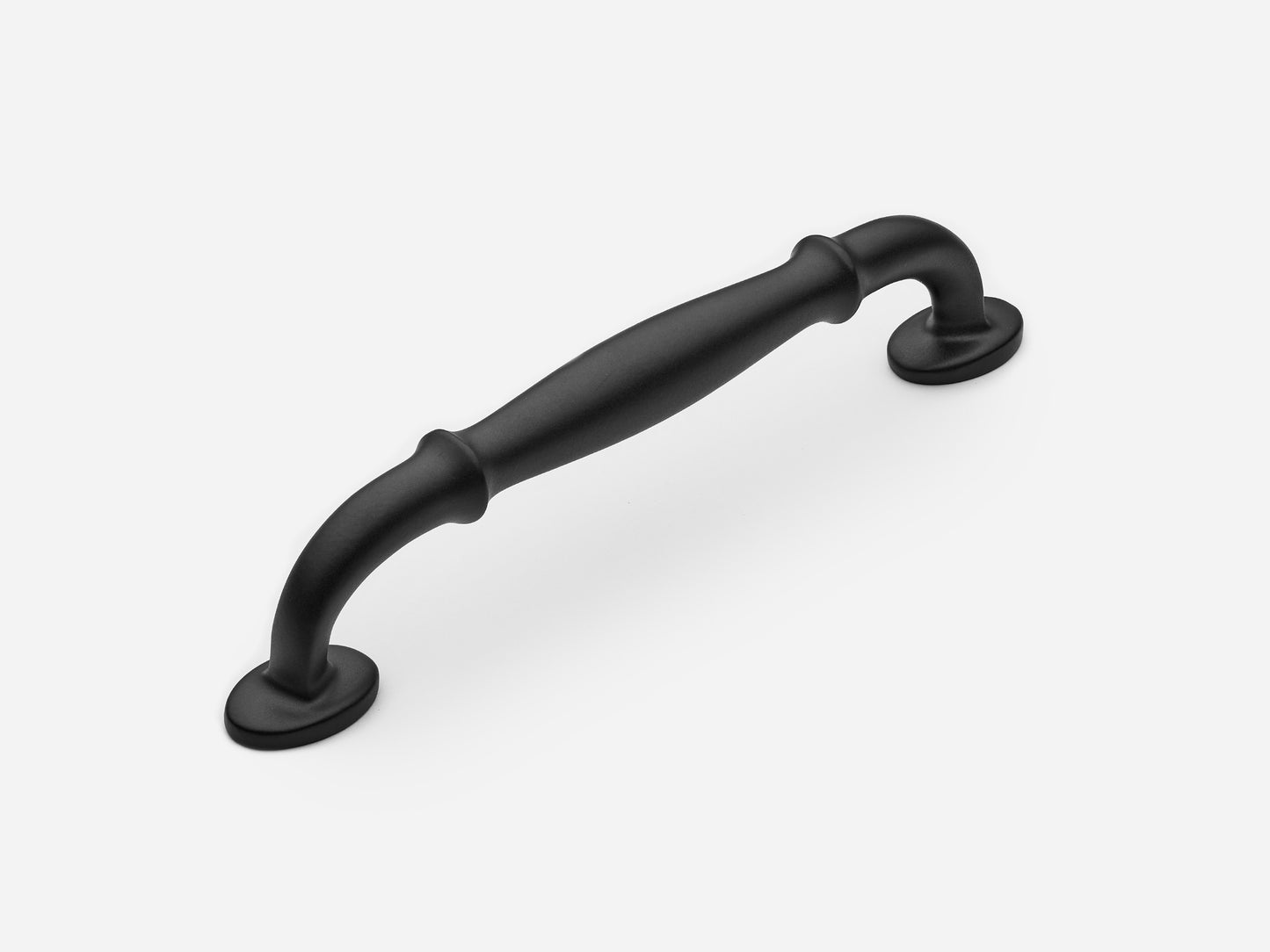 Solid brass Lilian drawer pull, 6 inches, in a matte black finish for cabinets.