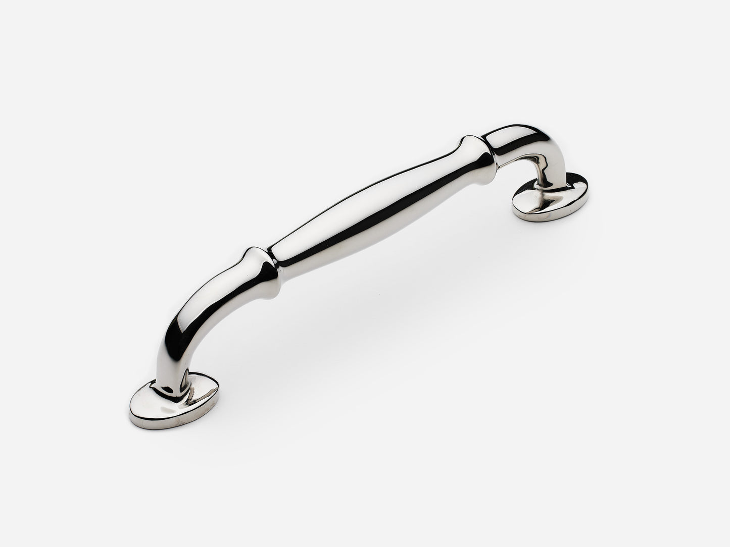 Solid brass Lilian drawer pull, 6 inches, in a polished nickel finish for cabinets.