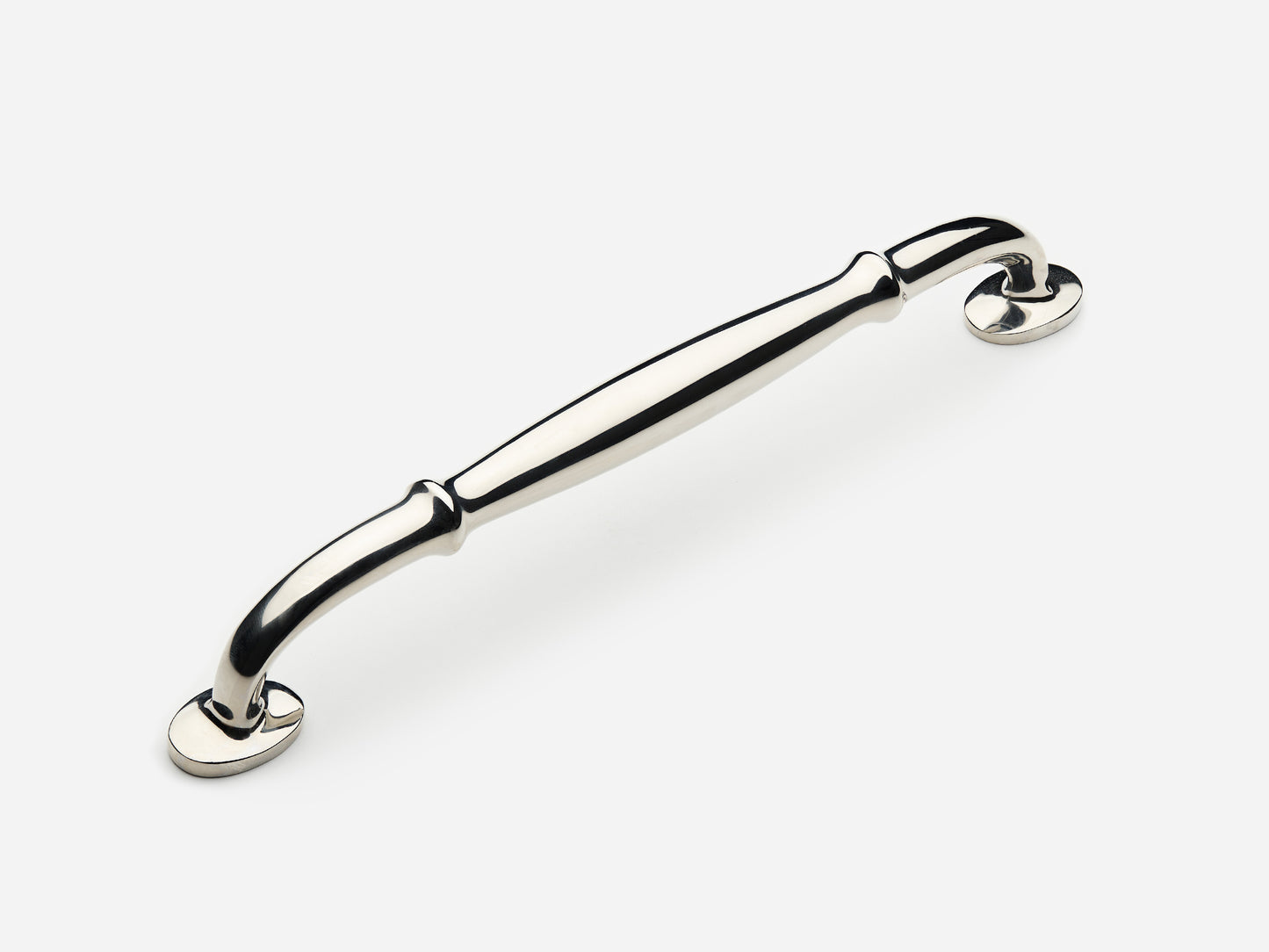 Solid brass Lilian drawer pull, 8 inches, in a polished nickel finish for cabinets.