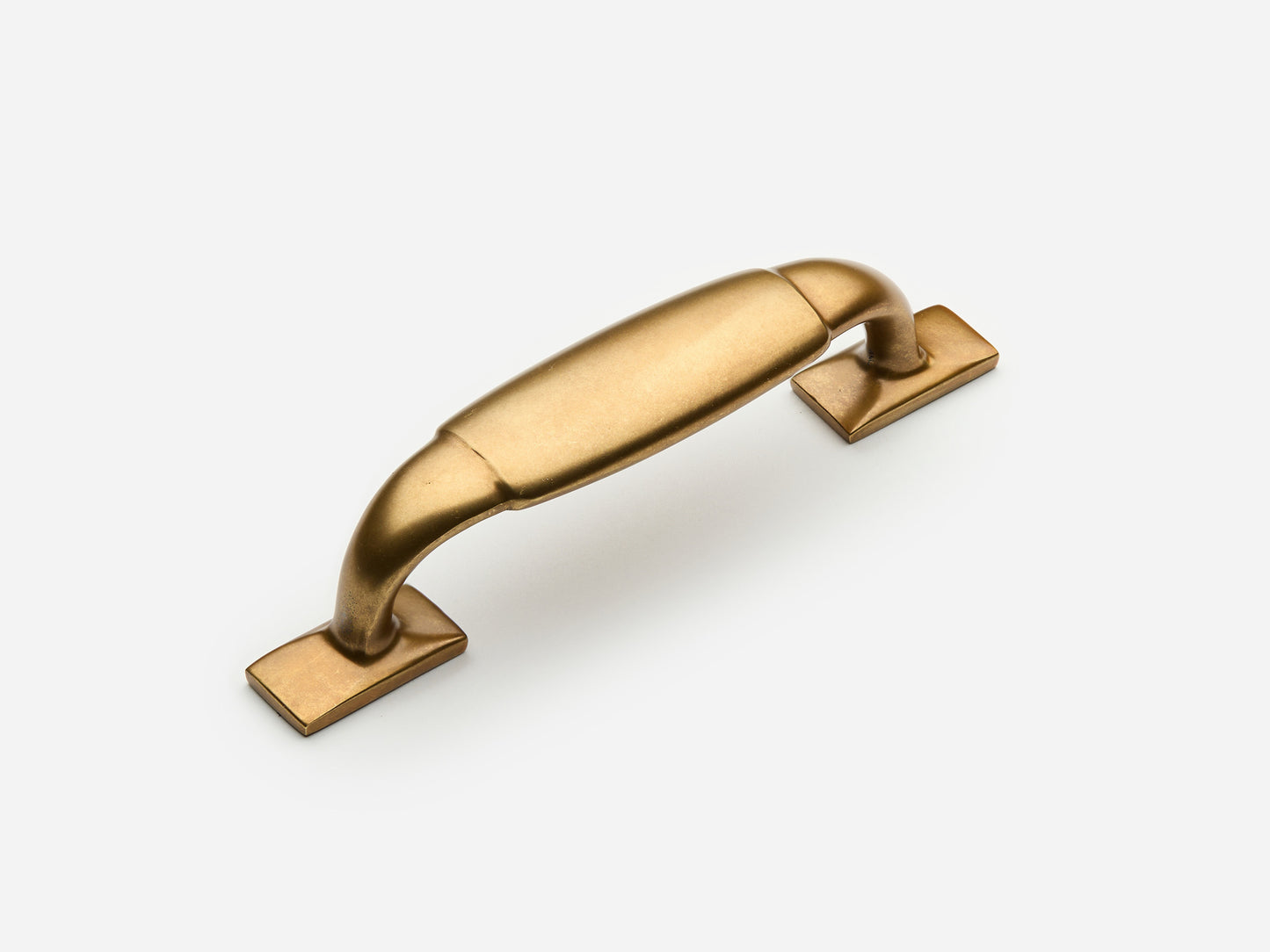 Solid brass Packard drawer pull, 4 inches, in an aged brass finish for cabinets.
