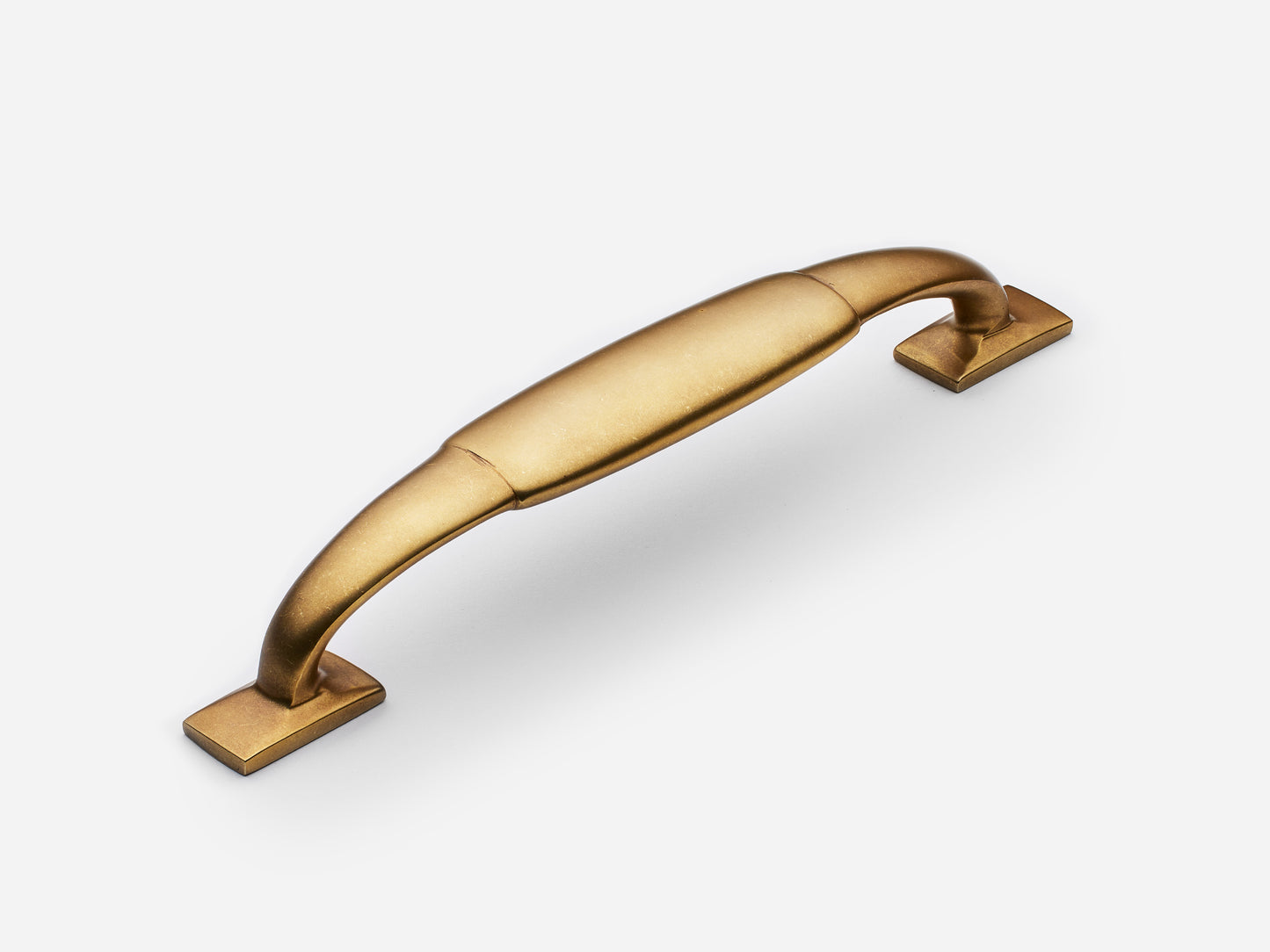 Solid brass Packard drawer pull, 6 inches, in an aged brass finish for cabinets.