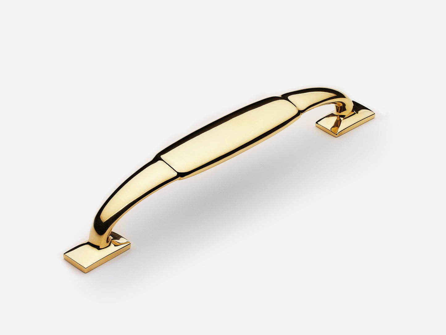 Solid brass Packard drawer pull, 6 inches, in an unlacquered polished brass finish for cabinets.