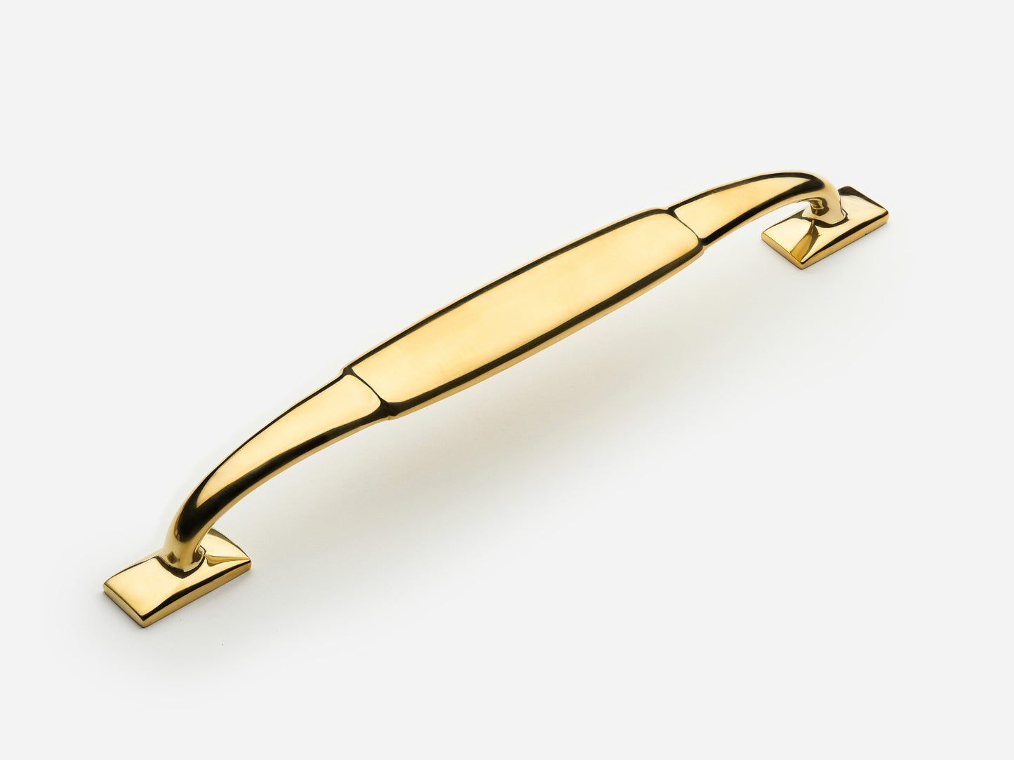 Solid brass Packard drawer pull, 8 inches, in an unlacquered polished brass finish for cabinets.
