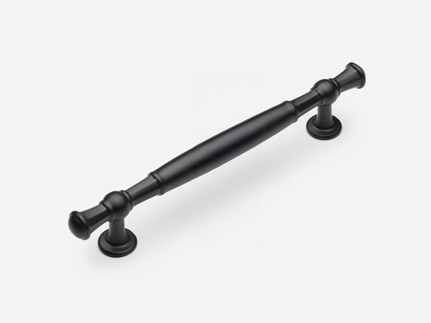 Solid brass Windsor drawer pull, 6 inches, in a matte black finish for cabinets.