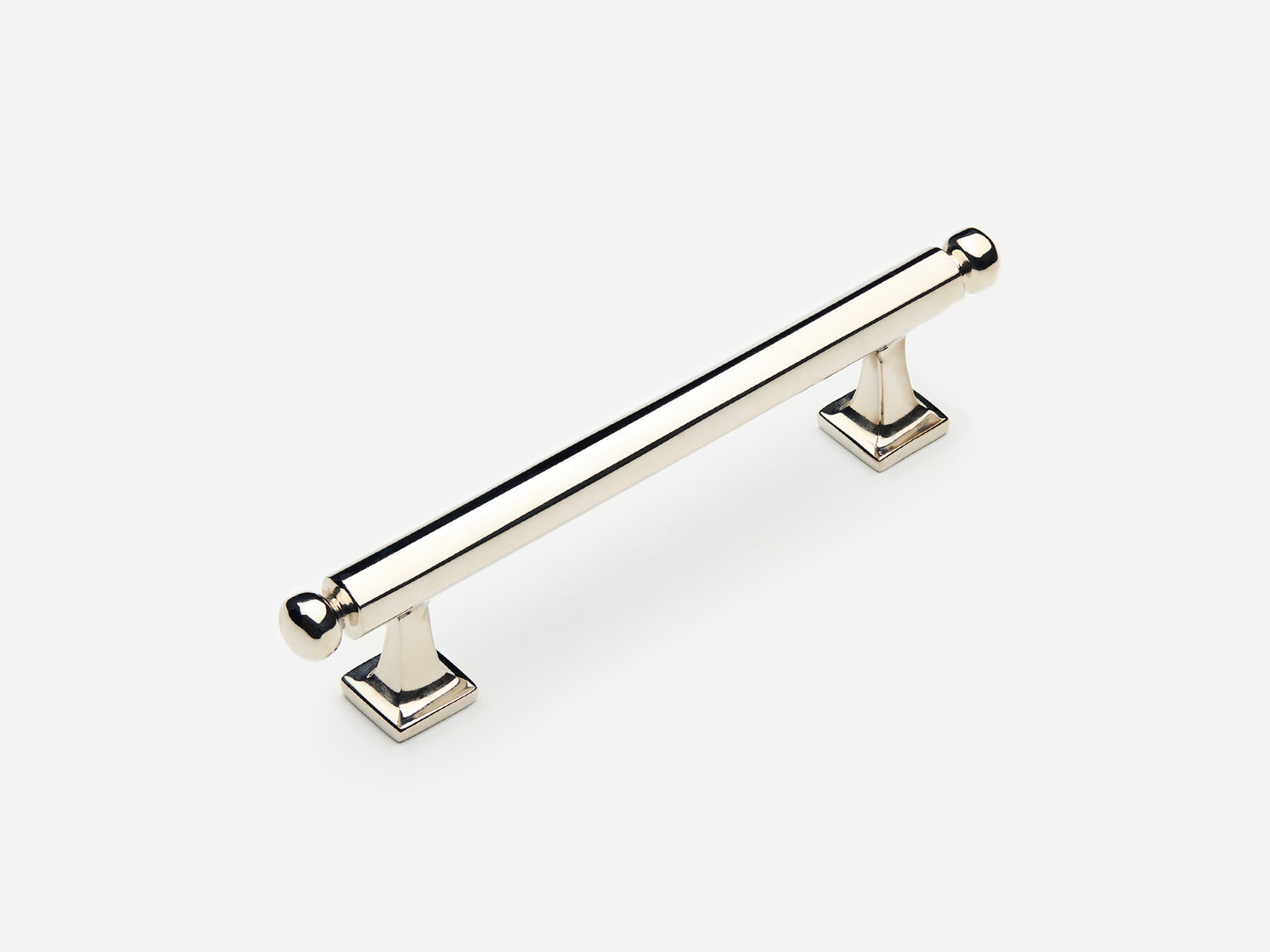 Solid brass Wright drawer pull, 4 inches, in a polished nickel finish for cabinets.